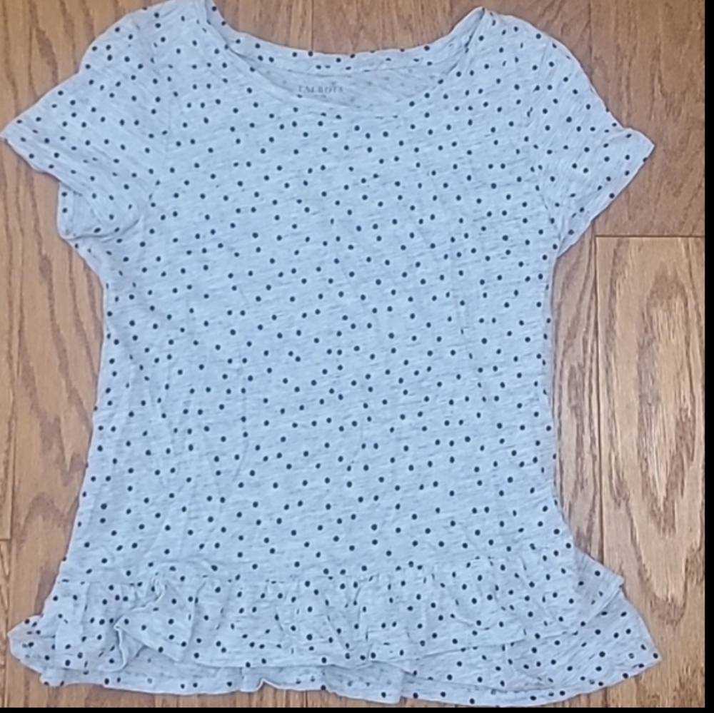 Talbots Light Blue Martique Dot Print Ruffle Trim T Shirt Large Petite - Picture 2 of 4